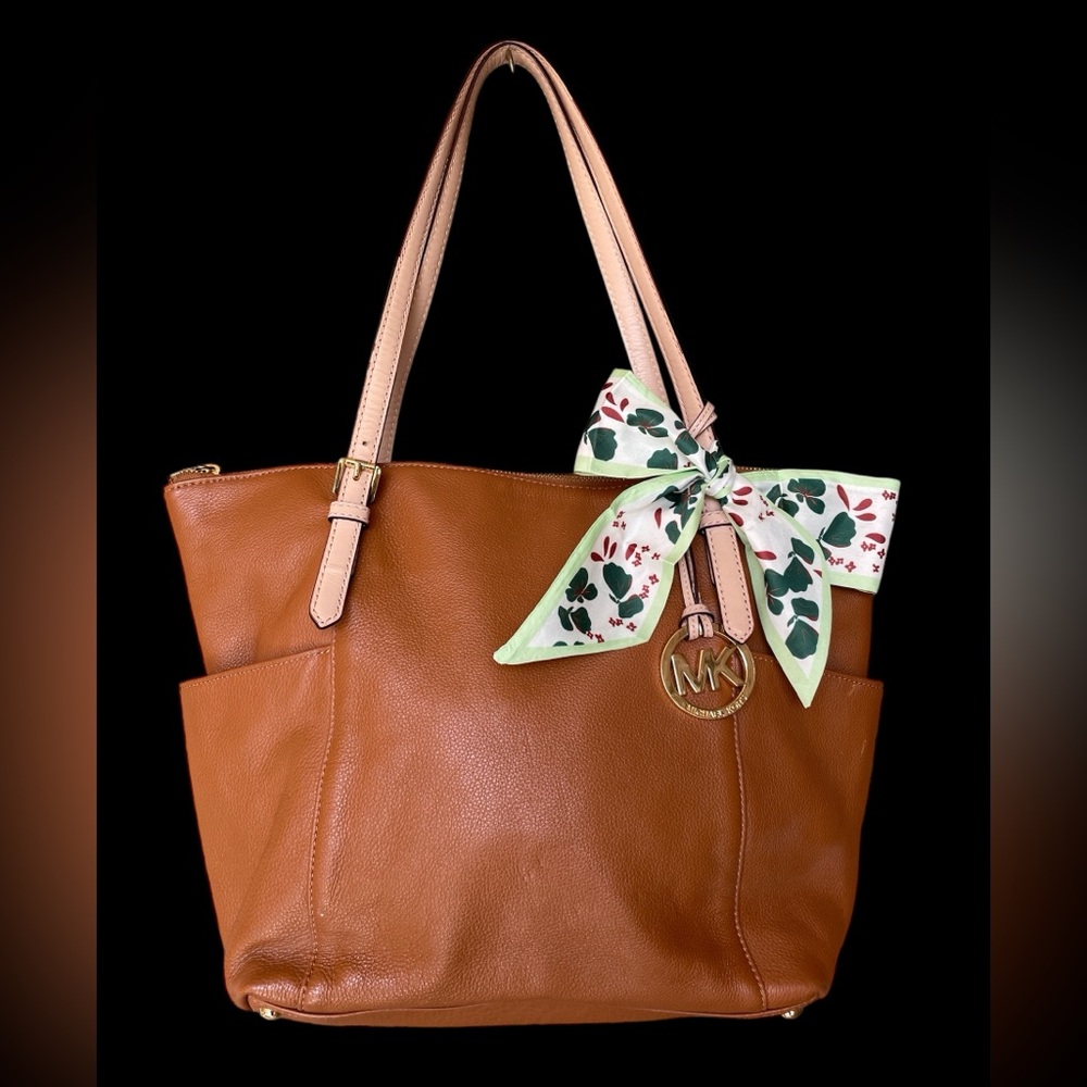 Michael Kors Tan and Cream Tote with Floral Accent Twilly